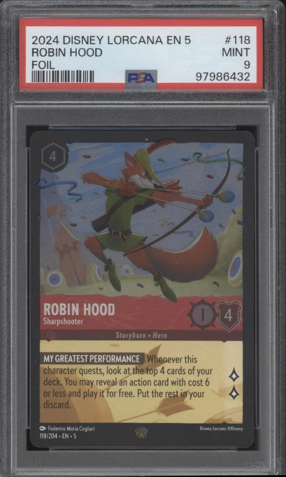 Robin Hood Disney Lorcana Shimmering Skies Foil #118 PSA 9
